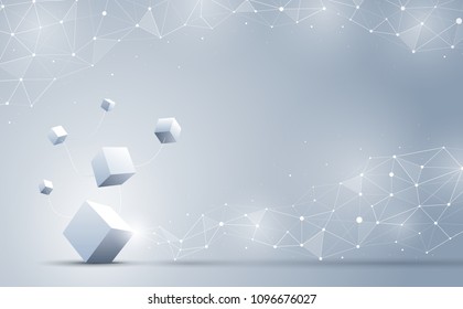 The connection of 3d cubes with abstract geometric polygonal with connecting dots and lines. Science and technology background. Big data and Internet. Abstract background. Vector illustration.