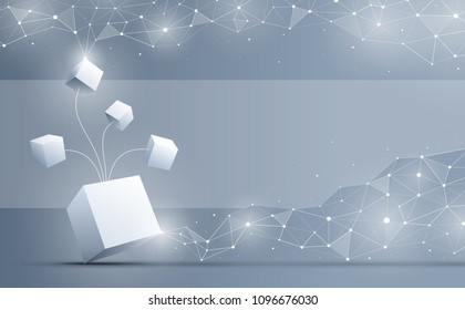 The connection of 3d cubes with abstract geometric polygonal with connecting dots and lines. Science and technology background. Big data and Internet. Abstract background. Vector illustration.