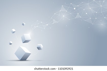 The connection of 3d cubes with abstract geometric polygonal with connecting dots and lines. Science and technology background. Big data and Internet. Abstract background. Vector illustration.