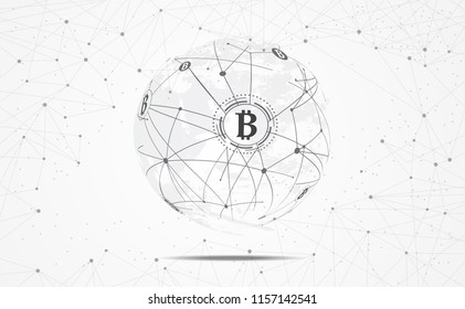 Connection abstract global world map dot line triangle and points concept bitcoin global network connection. Vector Illustration on hi tech gray background network.Vector illustration