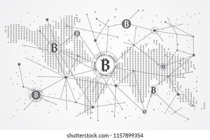 Connection abstract global world map dot line triangle and points concept bitcoin global network connection. Vector Illustration on hi tech gray background network.Vector illustration