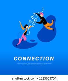 Connection abstract metaphor. People connecting plug and socket together. Secure internet connection, partnership, togetherness, communication concept. Vector flat illustration.