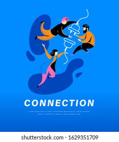 Connection Abstract Metaphor. People Connecting Plug And Socket Together. Secure Internet Connection, Partnership, Togetherness, Communication Concept. Vector Flat Illustration.