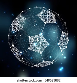 Connection abstract vector structure shaped in football ball. Futuristic technology wire frame. Mashed background. Geometric digital art illustration