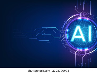 Connection of artificial intelligence technology. Featuring the AI letter within a technology circle and a circuit linking to it, it represents the synergy between AI and interconnected technology