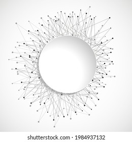 Fondo de conexión con líneas y puntos, círculo de papel dentro. Ilustración vectorial