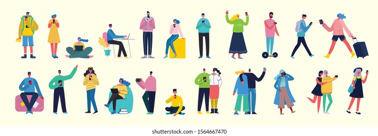 Connection background with people with laptop and smartphones. Chat, email messaging, sms, mobile concepts for web sites, web banners in modern flat design