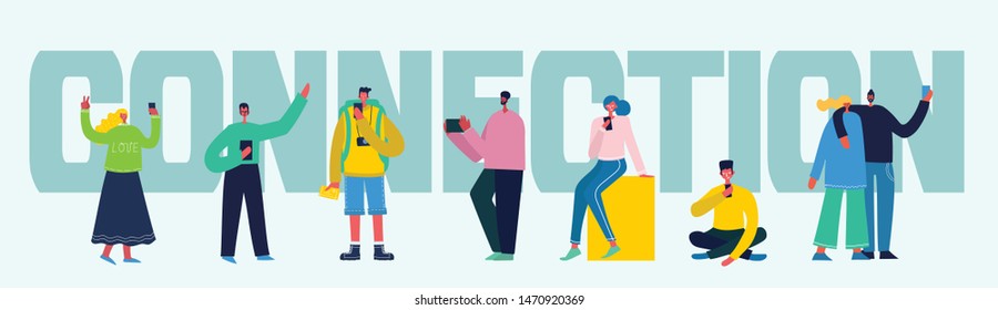 Connection background with people with smartphones. Chat, email messaging, sms, mobile concepts for web sites, web banners in modern flat design