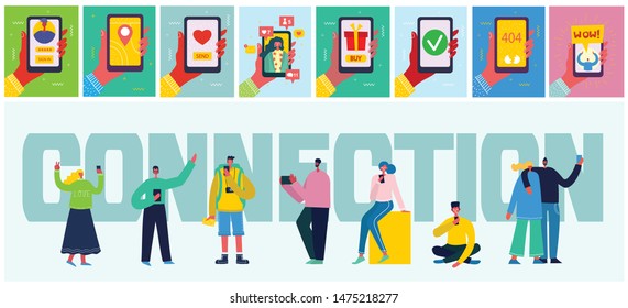 Connection background with people with smartphones. Chat, email messaging, sms, mobile concepts for web sites, web banners in modern flat design