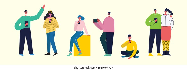 Connection background with people with smartphones. Chat, email messaging, sms, mobile concepts for web sites, web banners in modern flat design