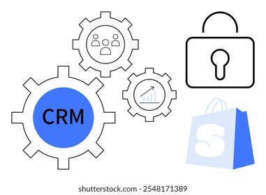 Connection between customer relationship management indicated by gears, security represented by padlock, and online shopping shown by shopping bag. Ideal for digital marketing, e-commerce, business