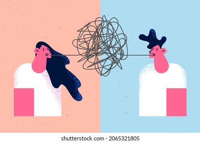 Connection between female and male concept. Young couple frustrated man and woman cartoon characters standing with net and threads between them vector illustration 