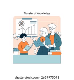 Connection Between Generations concept. Family members of different ages sharing knowledge and ideas in an educational setting, encouraging learning growth and cooperation together. Vector
