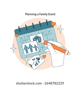 Connection Between Generations concept. Hand marks calendar for family event at home. Family photo and family tree card capture importance of togetherness and bridging generational bonds. Vector