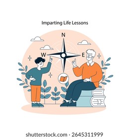 Connection Between Generations concept. Older man and young boy exchange knowledge and wisdom. Teaching values, sharing experiences, guiding growth, building family traditions. Vector illustration.