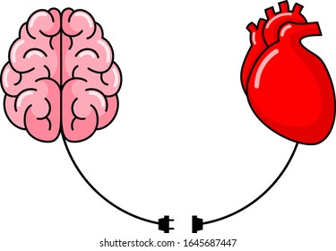 Conexión entre la lógica y el concepto de emoción. El cerebro humano y el corazón humano. Diseño de ilustración aislado en fondo blanco.