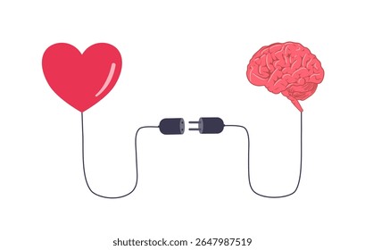 Connection between logic and emotion concept. Human brain and heart shape. Illustration design isolated on white background.