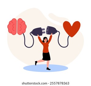 Connection between mind and heart illustrated by a joyful woman in a playful pose