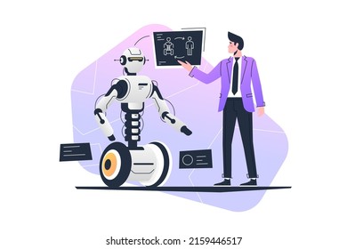 Verbindung zwischen Menschen und Roboter künstliche Intelligenz Vektorgrafik. Flachkonzept Wissenschaft und Zukunftstechnologie