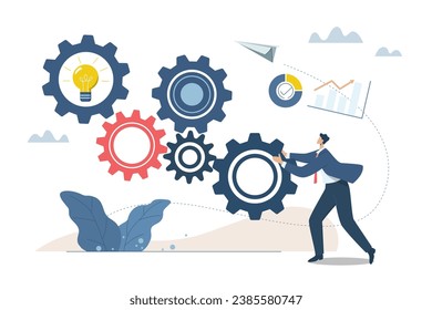 The connection of business mechanisms to drive success, Leadership to drive the team and start production, Connecting effective strategy concepts, Smart leaders are turning many gears or cog wheel.