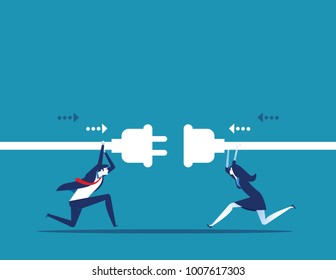 Connection. Business people hold plug and outlet in hand. Concept business vector illustration.