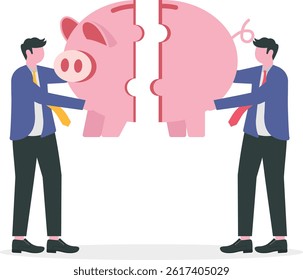 Connection, businessmen assemble a piggy bank puzzle. Business metaphor of a joint venture, partnership or teamwork

