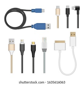 Connection cables. Computer and mobile devices charging cord electric cable plugs usb pc vector realistic collection