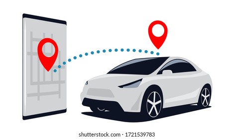 Connection car and smartphone. Search for SUV in the parking lot through the mobile application in the phone. Vector illustration.