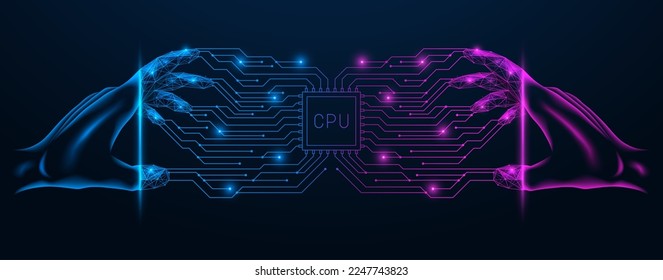 Connection to the central processor. Polygonal design of interconnected lines and points. Blue background.