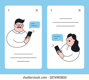 Connection, chatting, and messaging via mobile phone web UI elements. Cute cartoon girl and man chat using smartphones on isolated web cards. Outline vector illustration on white
