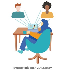 Connection and communication between people via online: girl at the table is connected to her network 