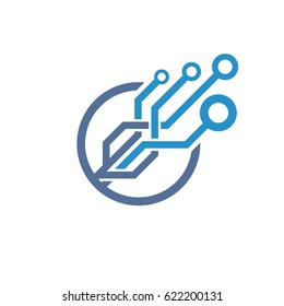 Connection and communication emblem. Circuit technology logo template. Electronics icon. 