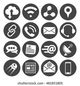 Connection and communication icons set, 16 vector signs on dark round pads, eps 8