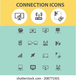connection, communication, internet, link black flat icons, signs, symbols set, vector