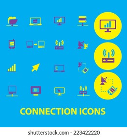 connection, communication, server, network icons, signs, symbols, illustrations set, vector