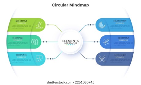 Connection of company departments circular mindmap infographic design template. Business strategy effectivity elements visualization. Informative chart with 6 steps. Data presentation material