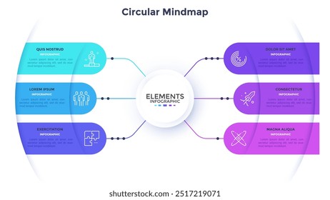 Conexão dos departamentos da empresa mindmap circular modelo de design infográfico. Visualização dos elementos de efetividade da estratégia de negócios. Gráfico informativo com 6 etapas. Material de apresentação de dados