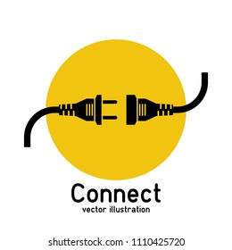 Connection concept, icon isolated on white background. Vector illustration flat design. Connecting plug and outlet black silhouette.
