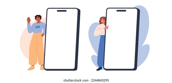 Connection concept. Man and woman use phone. Happy people holding mobile for advertisement. Vector promotional smartphone illustration