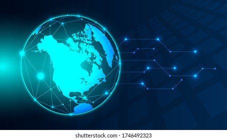 Connection concept on World wide  with line and dot connection together. Abstract pattern background with bright light of wire on map in dark blue background. Network design for presentation.