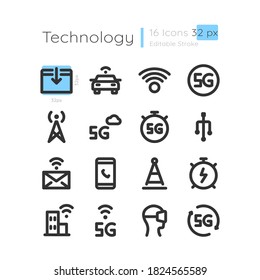 Juego de iconos lineales de cobertura de conexión. Telecomunicaciones innovadoras. Señal remota para el dispositivo. Símbolos de contorno de línea delgada personalizables. Esbozo vectorial aislado 32 x 32 ilustraciones px. Trazo editable