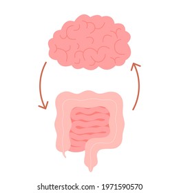 Connection Of Cute Healthy Happy Brain And Intestine Gut. Relation Health Of Human Brain And Gut, Second Brain. Unity Of Mental And Digestive. Vector Flat Cartoon Illustration