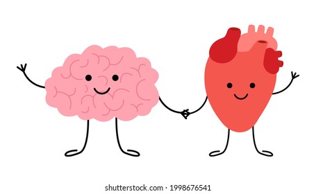 Connection of cute healthy happy brain and heart characters. Relation health of human brain and heart. Unity of logic, mental and feel. Vector flat cartoon illustration