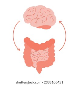 Connection of cute healthy happy brain and intestine gut. Relation health of human brain and gut, second brain. Unity of mental and digestive. Vector illustration on white background