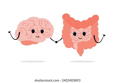 Connection of cute healthy happy brain and intestine gut characters. Concept Relation health of human brain and gut, second brain. Unity of mental and digestive. Vector illustration