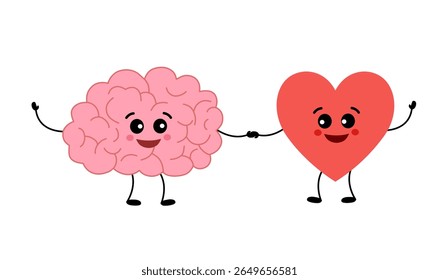 Connection of cute healthy happy brain and heart characters. Relation health of human brain and heart. Unity of logic, mental and feel. Vector flat cartoon illustration