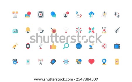 Connection and data share, online cloud service, multimedia color icon set. Antenna and wifi to connect mobile device to network, transfer music, video and sound file flat elements vector illustration