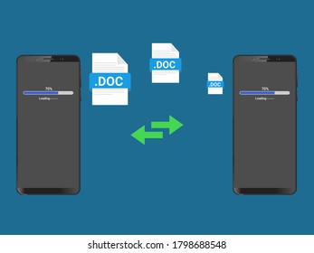 Ilustración de dispositivos de conexión. Diseño plano. Concepto de transferencia de datos. Comunicación entre dispositivos Enviando ilustración de concepto de archivo.
