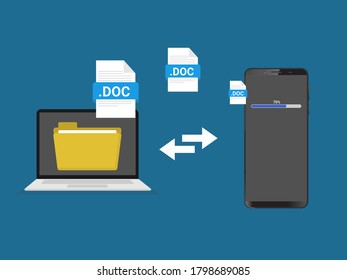 Ilustración de dispositivos de conexión. Diseño plano. Concepto de transferencia de datos. Comunicación entre dispositivos Enviando ilustración de concepto de archivo.