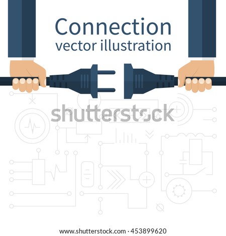 Connection, disconnection electricity. Vector illustration flat design. Men are holding in hand plug and socket to connect. Abstract concept isolated on the background of electric circuit.